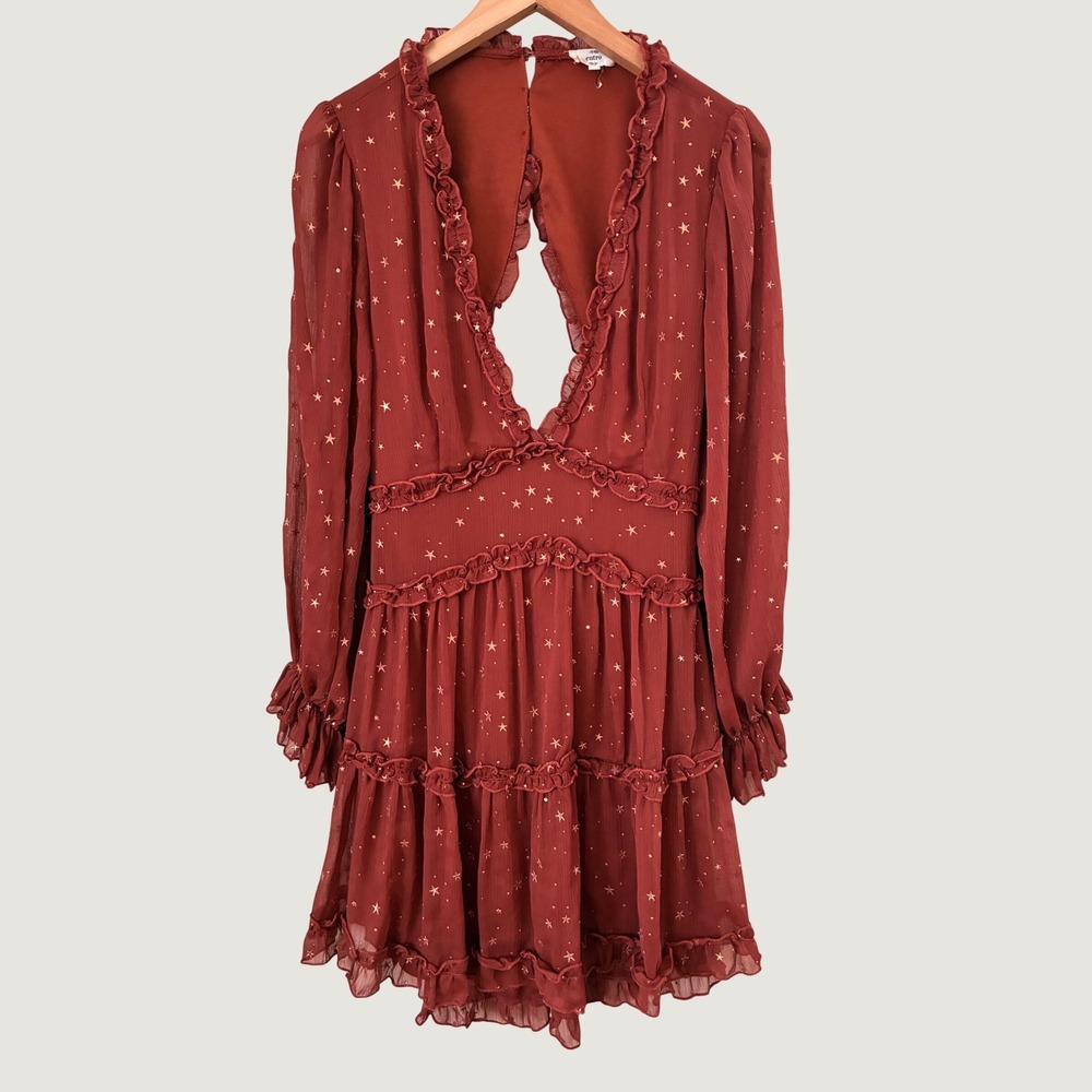 Entro Rust Red Gold Star Print Ruffle Mini Dress Open Back Celestial L Boho